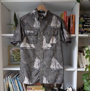 Vintage Men's Short Sleeve Button Down Shirt Map Print Size Small Nautical 90's